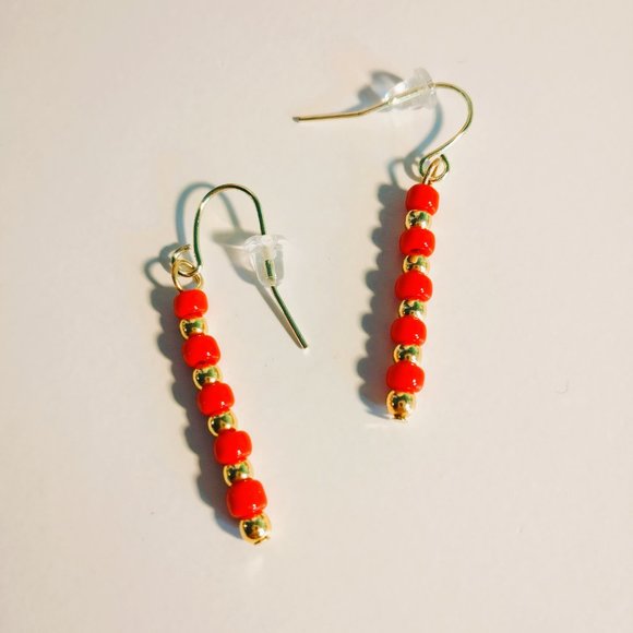 Handmade Red and Gold Beaded Chopstick Dangle Earrings - Picture 2 of 2
